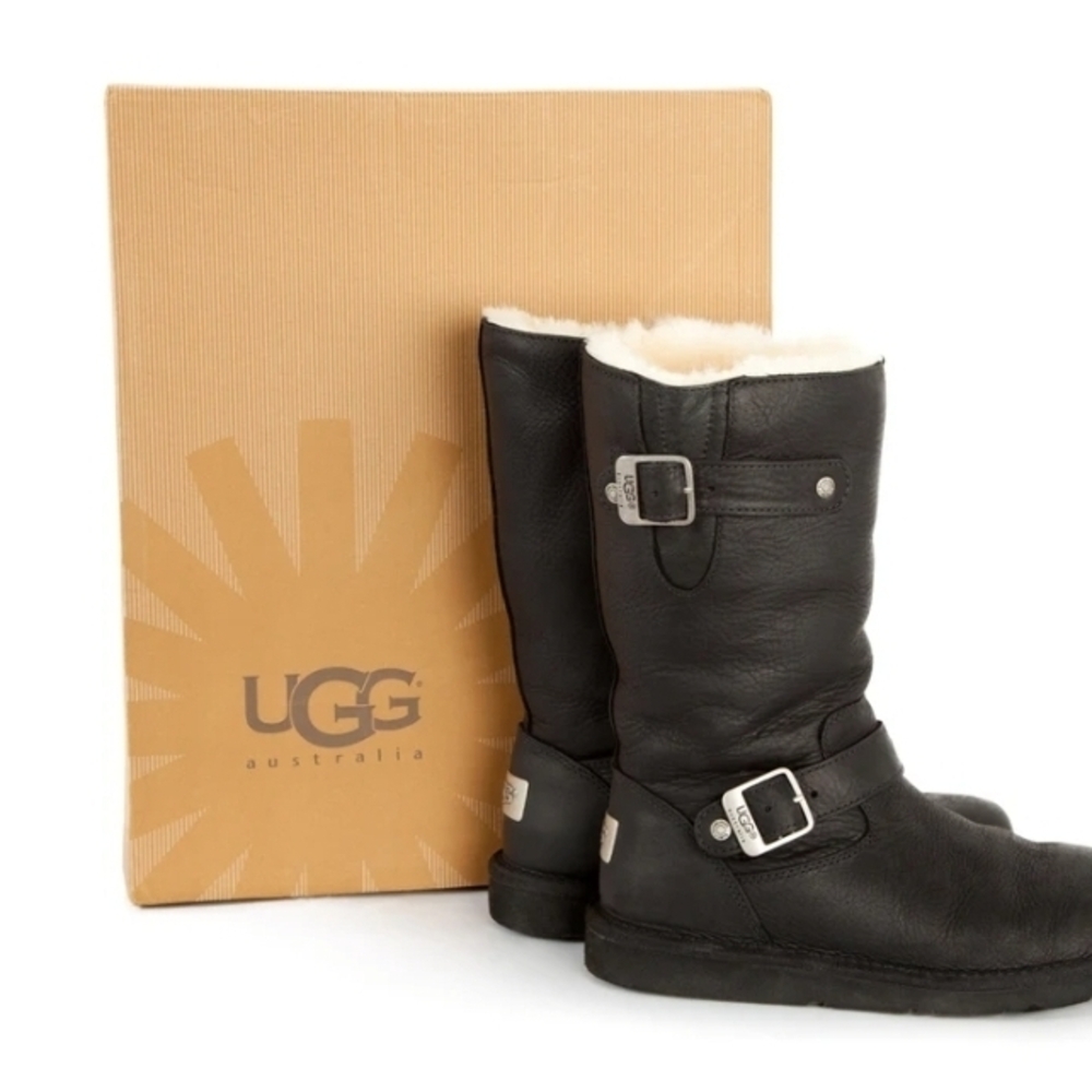 UGG Australia Black Leather Shearling Buckle Boots Women's Size 9 w/ Box